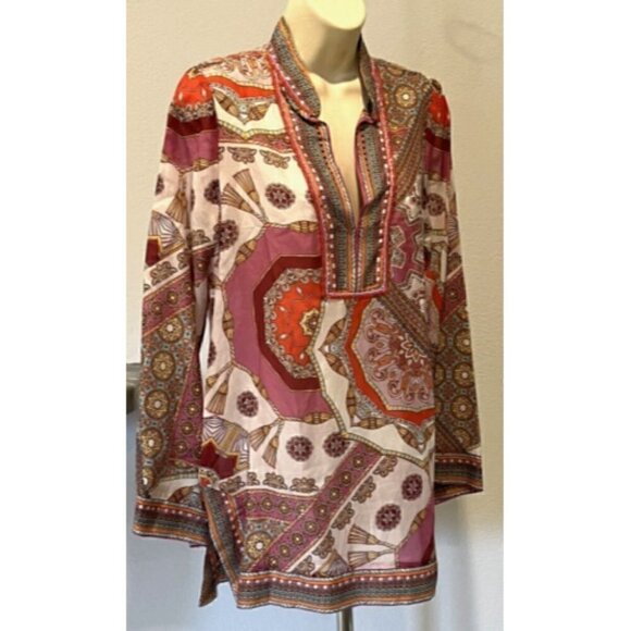 HALE BOB Joanna Voile Fuchsia Beaded Long Flared Sleeve Tunic Top Blouse - Picture 9 of 12